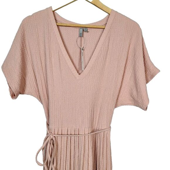 NEW ASOS Dress 8 Tall‎ Dusty Pink Textured Knit Short Sleeve V-Neck Pleated Midi - Picture 2 of 13